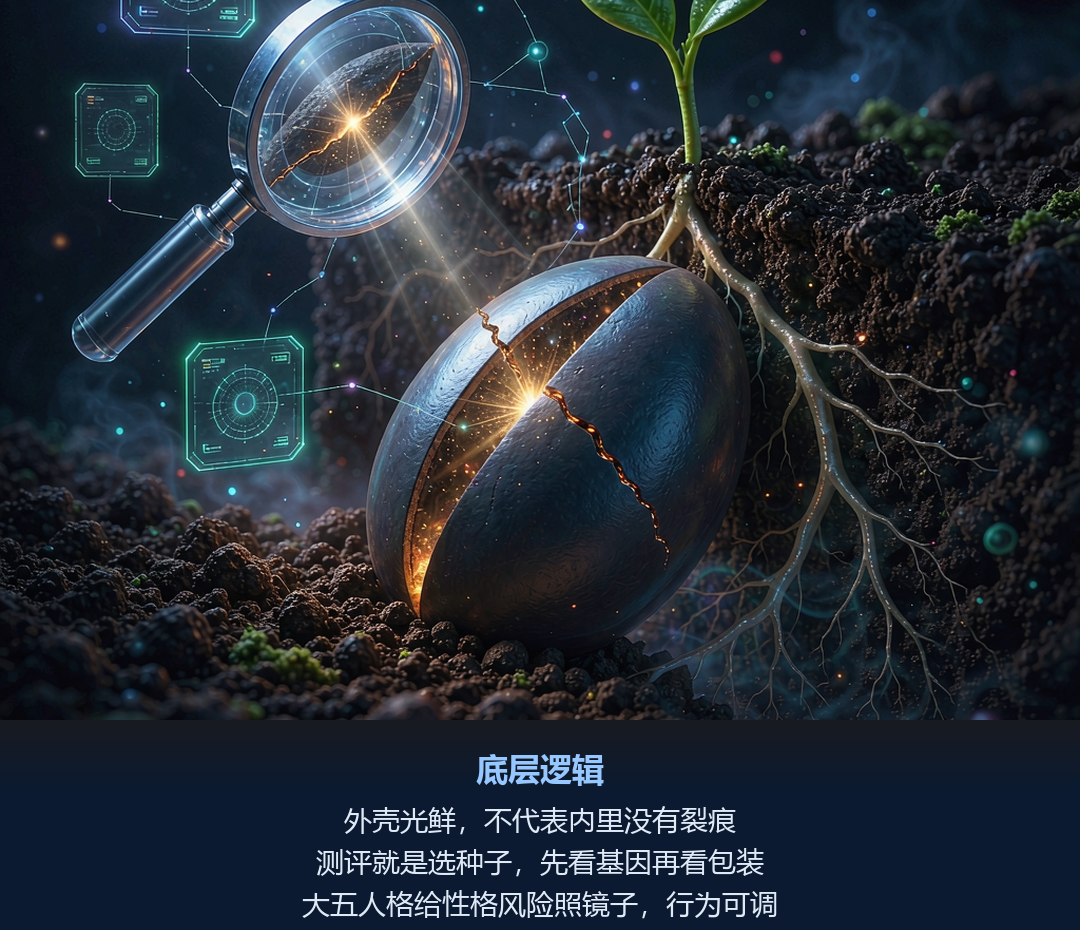 放大镜查看种子裂纹的插画：测评先看底层基因
